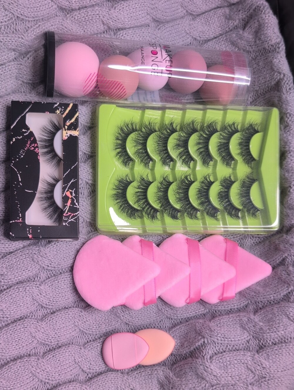 False Eyelash and Pink Makeup Sponge Set - Unbranded